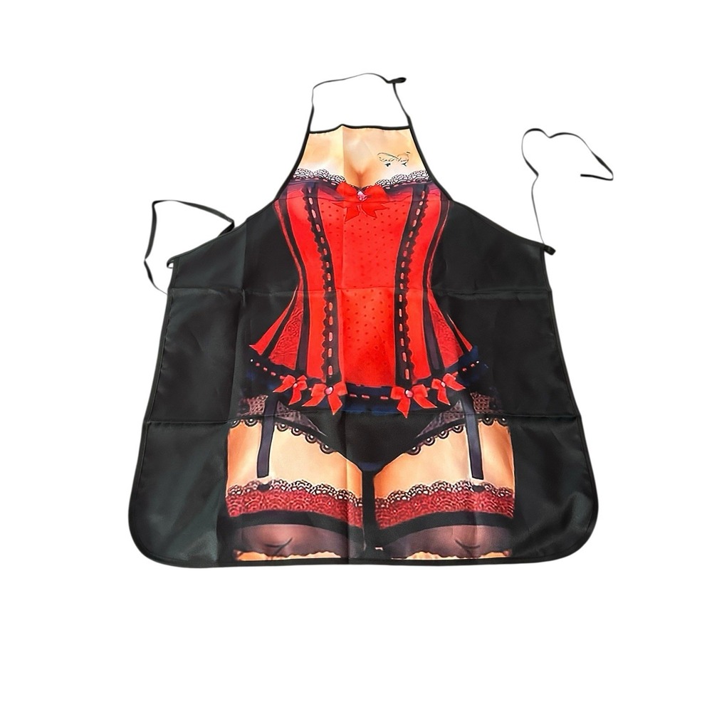 NEW novelty adult ONE SIZE apron full coverage funny SEXY WIFE LADY IN RED BLACK